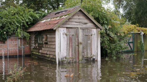 Submerged Garden Shed: Devastating Water Damage in Backyard Flood © LOMOSONIC