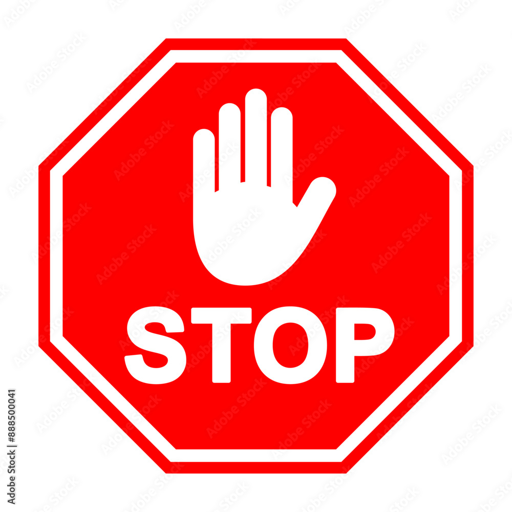 Red stop hand sign, stop hand vector printable design, isolated on white background. Traffic regulatory warning stop symbol. Vector illustration, EPS10.