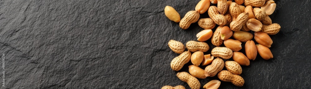 Close-up of peanuts in shells scattered on a dark slate background, showcasing natural simplicity and rustic texture for culinary themes. Close-up of peanuts in shells scattered on a dark slate background, showcasing natural simplicity and rustic texture for culinary themes.
