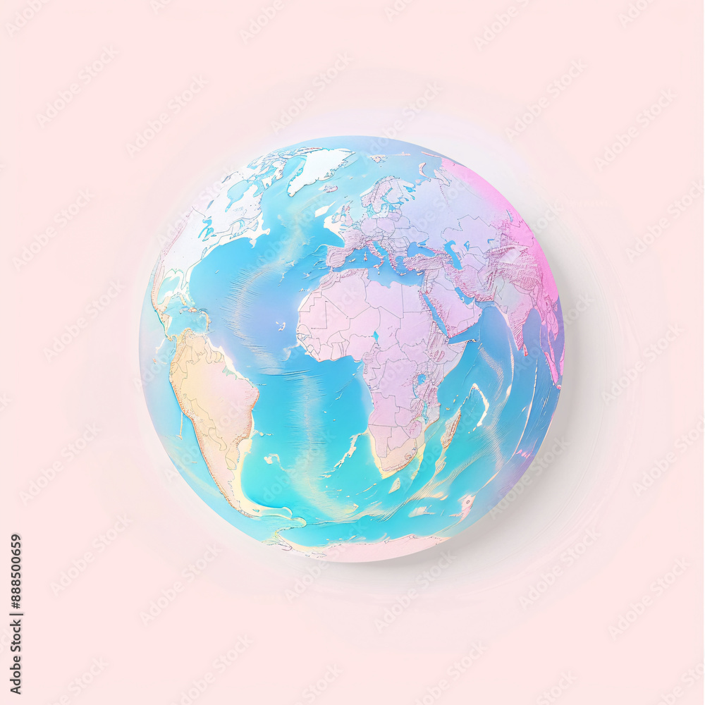 Obraz premium Colorful Pastel Globe on a Light Pink Background Highlighting World Map
