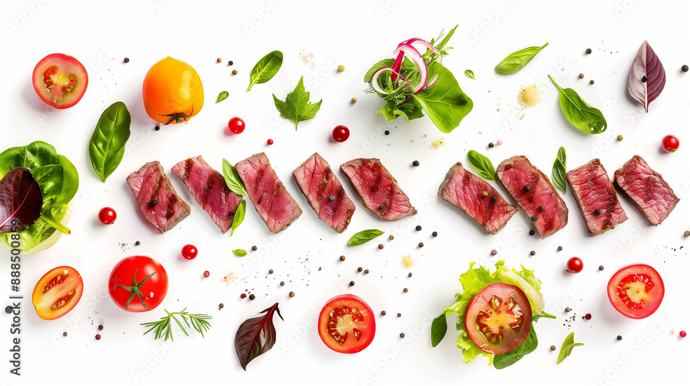Collection Falling steak salad ingredients sliced beef Collection Falling steak salad ingredients sliced beef