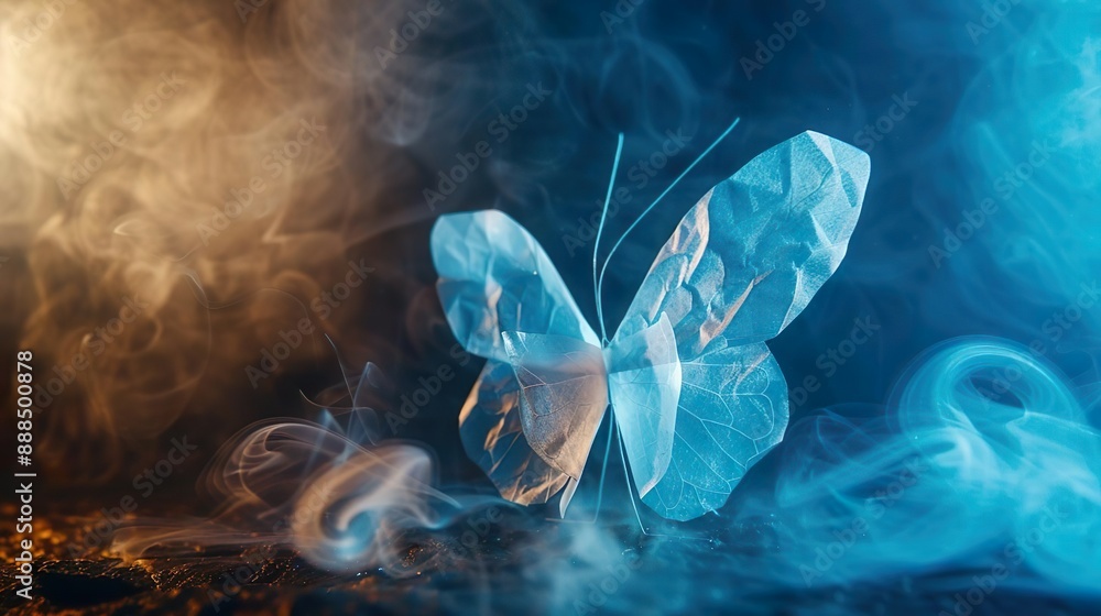 A butterfly is floating in the air above a cloud of smoke A butterfly is floating in the air above a cloud of smoke