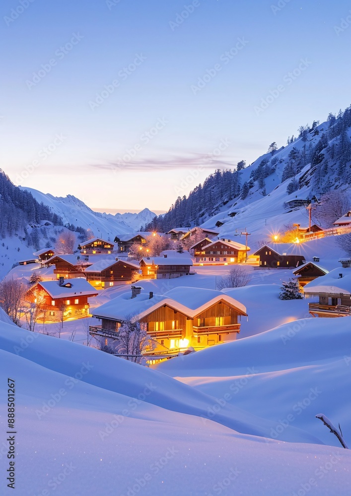 Fototapeta premium Snowy Alpine Village at Twilight with Cozy Chalet Homes and Warm Lights