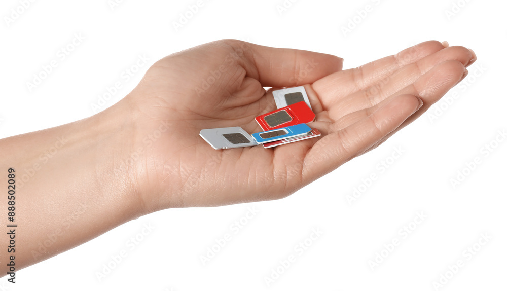 Woman with SIM cards on white background, closeup Woman with SIM cards on white background, closeup