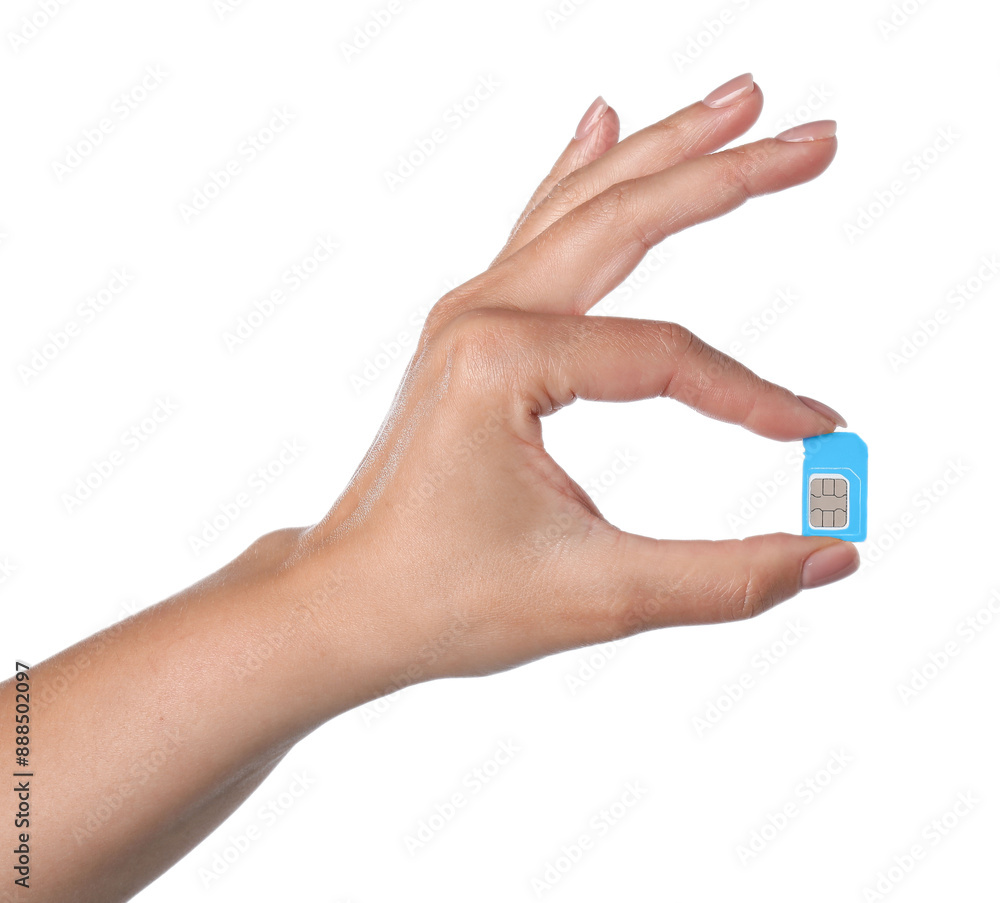 Woman with SIM card on white background, closeup Woman with SIM card on white background, closeup