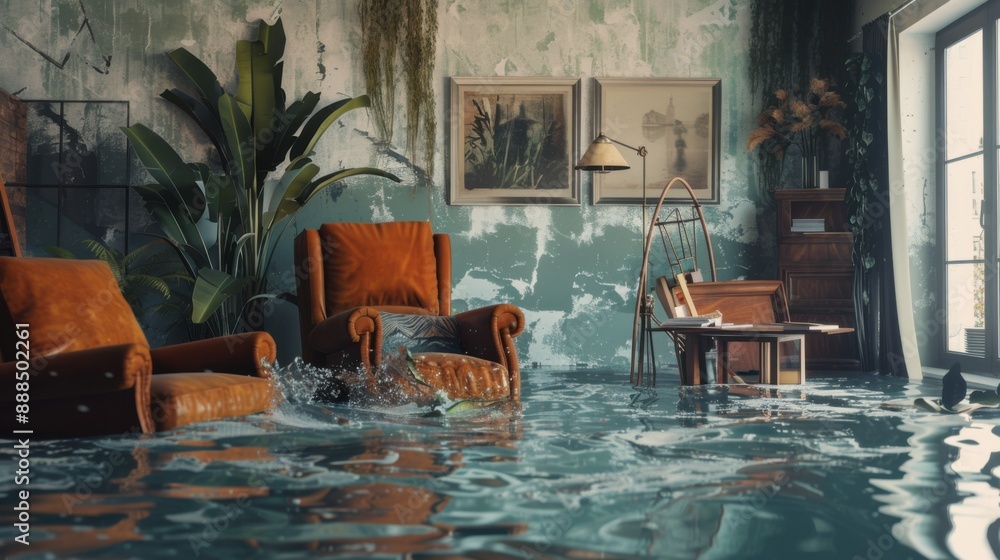 Obraz premium Devastating Flood Damage in Living Room - Furniture Submerged, Water Ingress, Home Destruction Concept