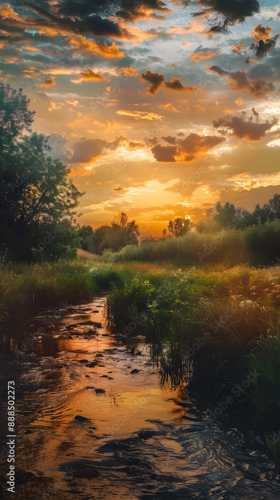 Fototapeta premium Paisaje del campo y un rio al atardecer imagen vertical