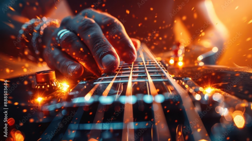 Electric guitar closeup, fingers sliding over frets, vibrant stage lights reflecting, essence of rock Electric guitar closeup, fingers sliding over frets, vibrant stage lights reflecting, essence of rock