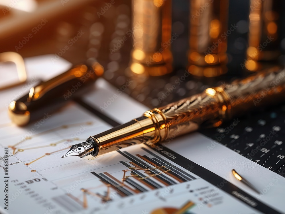 Elegant closeup of a financial planners desk, investment charts and luxury pen, the art of wealth management Elegant closeup of a financial planners desk, investment charts and luxury pen, the art of wealth management