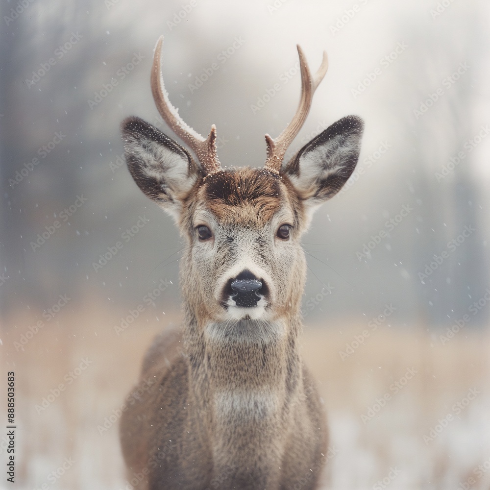 Majestic Deer with Antlers in Snowy Forest During Wintertime Majestic Deer with Antlers in Snowy Forest During Wintertime