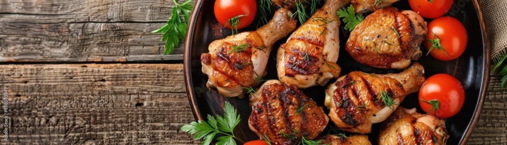 Delicious grilled chicken drumsticks with fresh tomatoes and herbs on a wooden table, perfect for a summer meal or barbecue gathering. Delicious grilled chicken drumsticks with fresh tomatoes and herbs on a wooden table, perfect for a summer meal or barbecue gathering.
