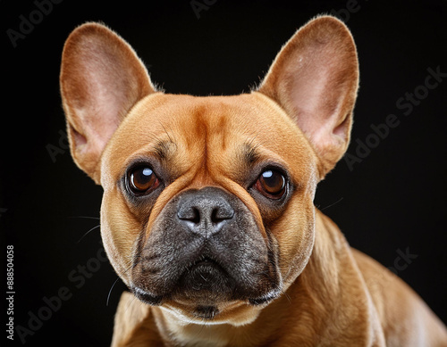 Fawn French bulldog with large, expressive eyes and upright ears, gazing intently at the camera against a black background