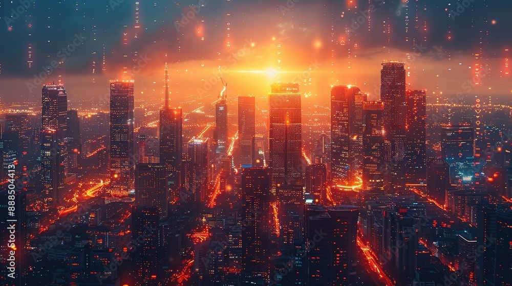 Fototapeta premium AI managing smart city energy systems with intelligent controls, AI, energy tech