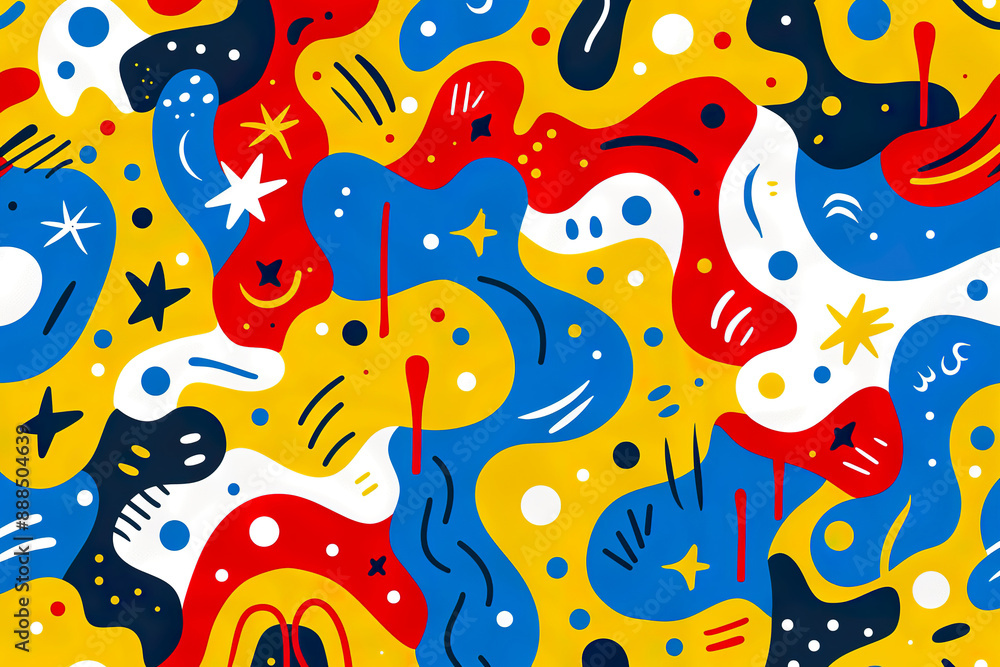 A colorful abstract painting with splatters of red, yellow, and blue, generative ai image.