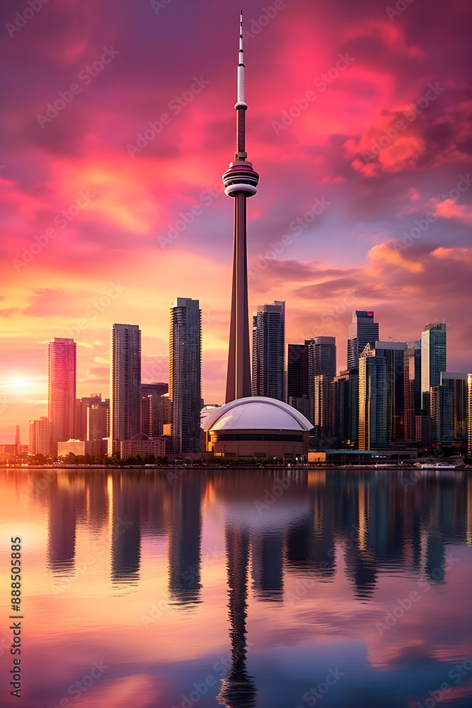 Fototapeta premium The Majestic CN Tower standing tall against a Vibrant Toronto Sunset: An Architectural Icon Meets Nature's Canvas