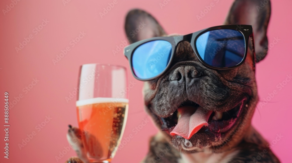 Obraz premium French bulldog wearing iridescent sunglasses and holding a glass of champagne. Celebrating or happy birthday concept..