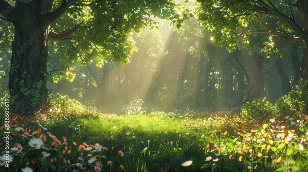 Obraz premium A serene forest glade bathed in morning sunlight