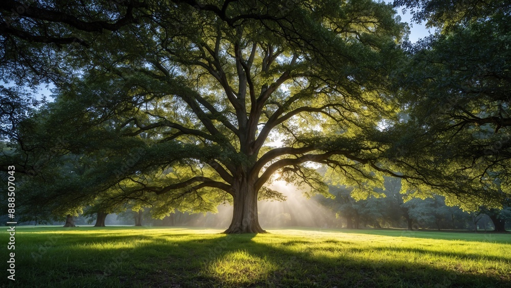 Fototapeta premium A large oak tree stands tall in a grassy field, with sunlight filtering through the leaves.