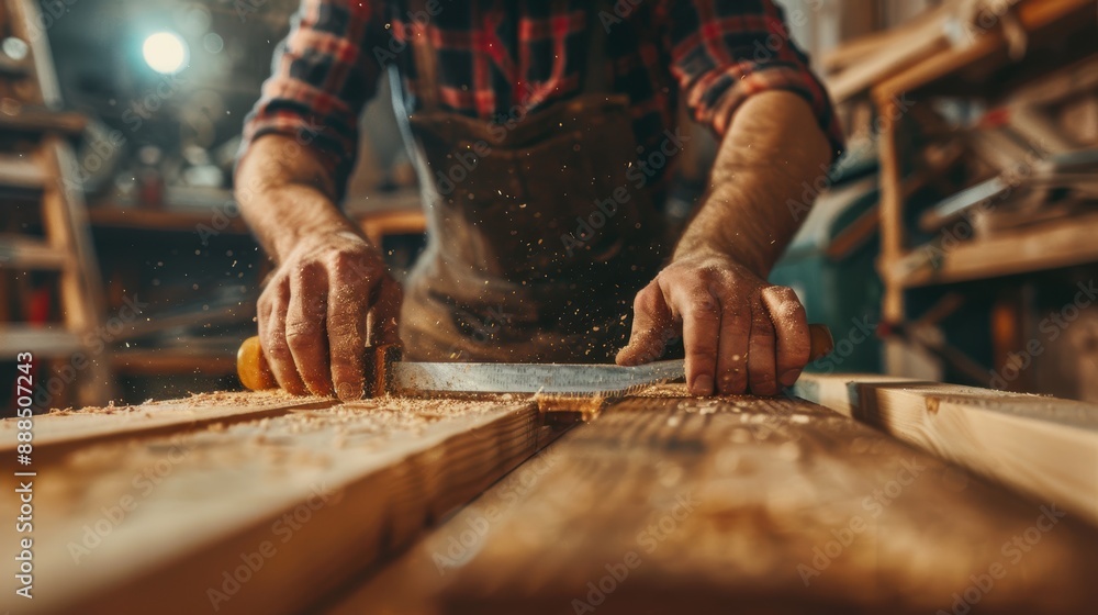 man owner a small furniture business is preparing wood for production. carpenter male is adjust wood to the desired size. architect, designer, Built-in, professional wood, craftsman, workshop. man owner a small furniture business is preparing wood for production. carpenter male is adjust wood to the desired size. architect, designer, Built-in, professional wood, craftsman, workshop.