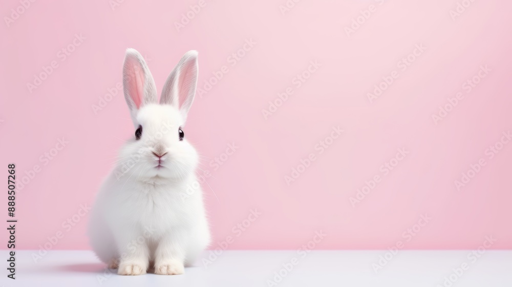Obraz premium cute animal pet rabbit or bunny white color smiling and laughing isolated with copy space for easter background, rabbit, animal, pet, cute, fur, ear, mammal, background, celebration, generate by AI