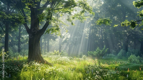 A serene forest glade bathed in morning sunlight