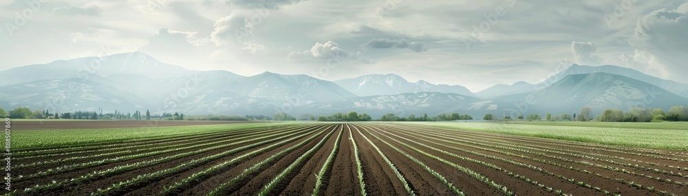 Expansive farmland with plowed fields under a cloudy sky, surrounded by distant mountains and verdant landscape. Expansive farmland with plowed fields under a cloudy sky, surrounded by distant mountains and verdant landscape.
