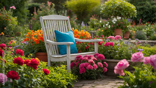 Elegant Chair in Vibrant Flower Garden photo