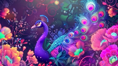 A peacock with blue and green feathers stands in a dark forest, its tail feathers spread wide and adorned with iridescent eyespots. Neon flowers fill the surrounding forest.