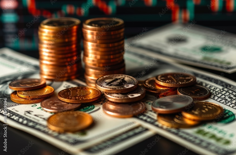 A pile of dollar bills and coins with stock market charts in the background A pile of dollar bills and coins with stock market charts in the background