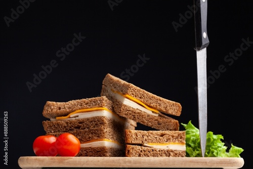 Fresh tasty sandwiches with vegetable on wooden chopping board photo