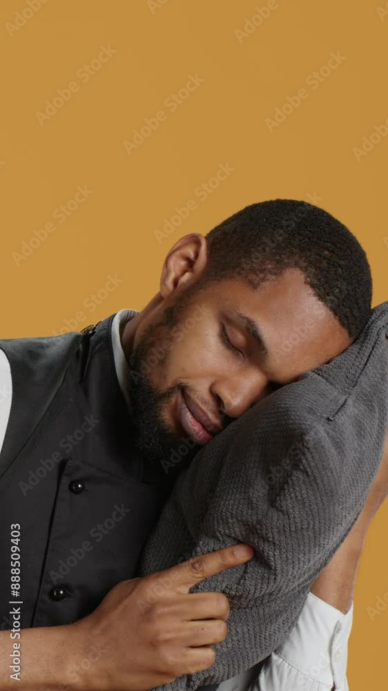 Vertical Video Professional fatigued waiter takes a nap on his pillow after night shift, feeling very tired and sleepy after serving clients at five star restaurant. Employee deals with burnout Vertical Video Professional fatigued waiter takes a nap on his pillow after night shift, feeling very tired and sleepy after serving clients at five star restaurant. Employee deals with burnout