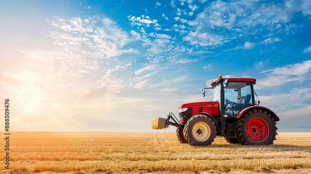 Red tractor working on a golden field under a blue sky with clouds. Agricultural machinery in a rural setting during sunset. Red tractor working on a golden field under a blue sky with clouds. Agricultural machinery in a rural setting during sunset.