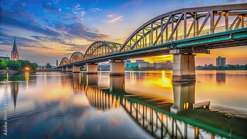 Obraz premium Morning view of Krung Thon Bridge in Thailand, Thailand, Krung Thon Bridge, bridge, morning, cityscape, river