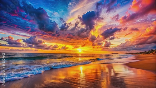 Vibrant and high-quality image of a colorful sunset over a beach, sunset, beach, vibrant, colorful, sky, clouds, nature