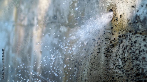 Intense High-Pressure Water Jet Cleaning of Grimy Wall for Urban Maintenance in City