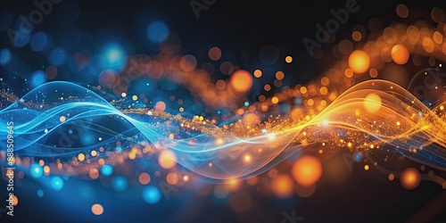Abstract orange and blue light waves with bokeh effect on dark background, abstract, orange, blue, light, waves, bokeh