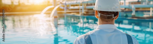 Engineer wearing a hard hat while inspecting a water treatment facility under the bright sunlight, ensuring environmental safety. photo