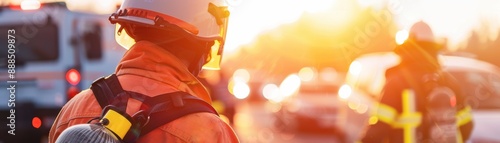 Firefighters in action during a rescue operation with emergency vehicles and equipment in the background, illuminated by sunset glow. photo