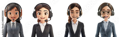 set of  businesswomen wearing headsets and professional attire isolated on transparent background