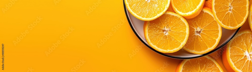 Fototapeta premium Freshly sliced oranges on a vibrant orange background, showcasing juicy and vibrant citrus fruit in a refreshing and colorful presentation.