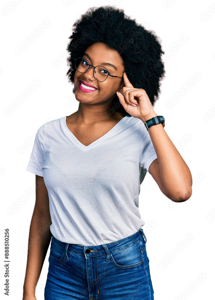 Young african american woman wearing casual white t shirt smiling pointing to head with one finger, great idea or thought, good memory Young african american woman wearing casual white t shirt smiling pointing to head with one finger, great idea or thought, good memory