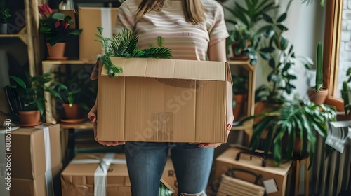 Woman holding a cardboard box in a house