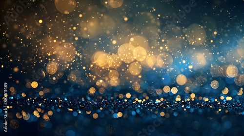 Abstract background with gold lights and blue glitter bokeh effect