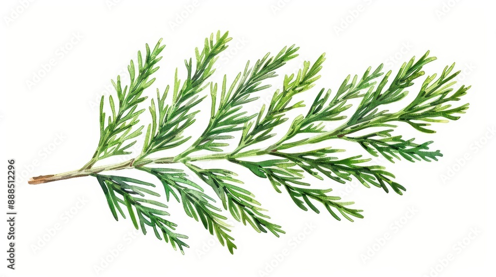 A cypress leaf depicted with delicate watercolor branches isolate on white background A cypress leaf depicted with delicate watercolor branches isolate on white background