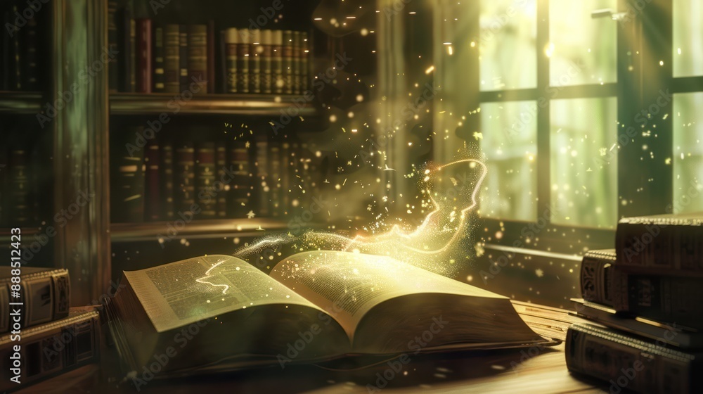 Magic of a Glowing Open Book in a Library Magic of a Glowing Open Book in a Library