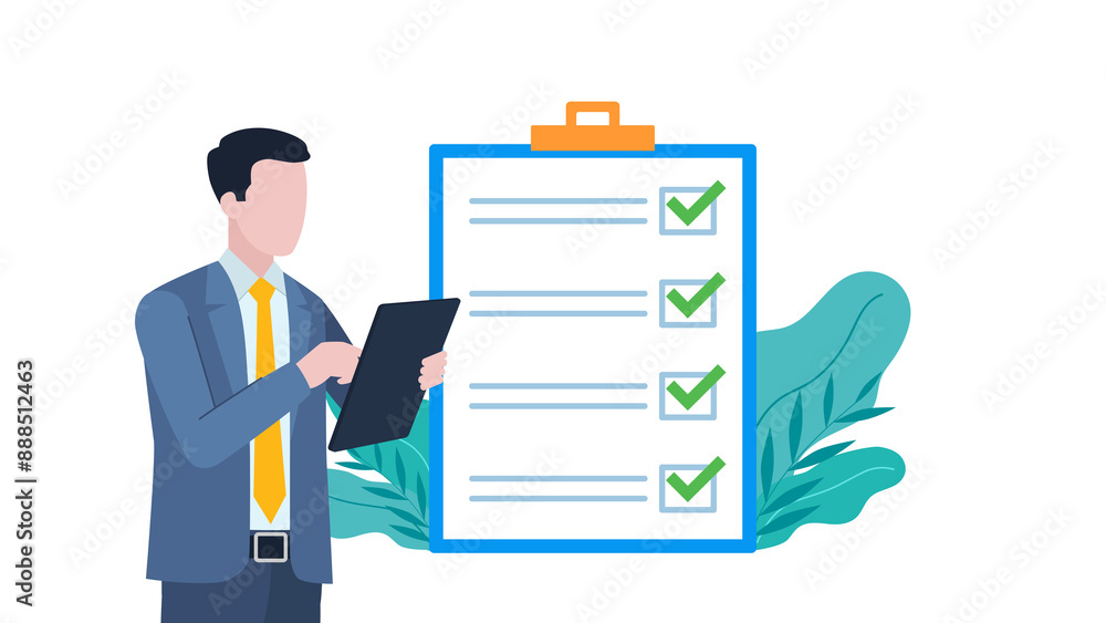 Businessman dressed in a suit holds a tablet in his hand. Next to the drawing there is a completed survey with questions. All checkboxes are correctly selected in green. Flat design illustration. Businessman dressed in a suit holds a tablet in his hand. Next to the drawing there is a completed survey with questions. All checkboxes are correctly selected in green. Flat design illustration.