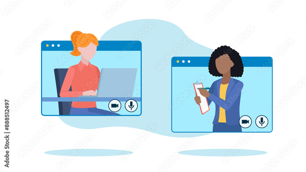 Video conversation between two employees.. Both are located in the messenger application windows. Video conversation between two employees.. Both are located in the messenger application windows.