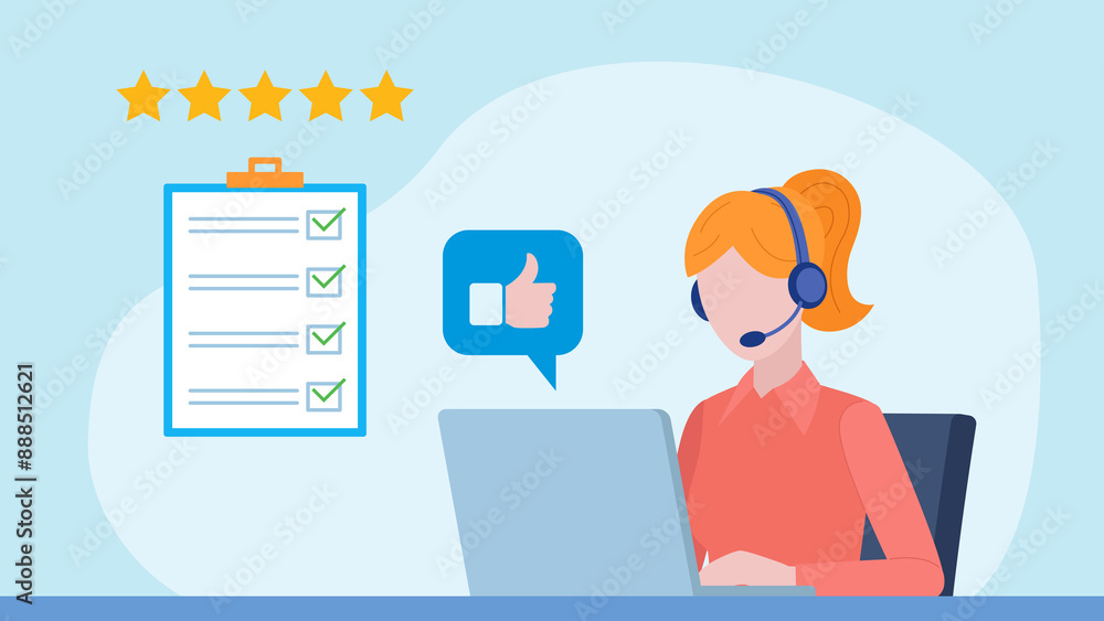 Flat design illustration. An female employee is working on a laptop with a thumbs up in cloud. A website in the background with a completed checklist. The checklist is completed correctly. 5 stars fee Flat design illustration. An female employee is working on a laptop with a thumbs up in cloud. A website in the background with a completed checklist. The checklist is completed correctly. 5 stars fee