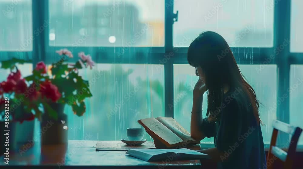Anime girl reading a book by a glowing window with rain pouring outside ...