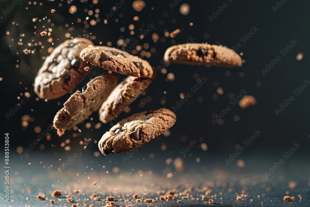 Cookies flying apart, with crispy edges and soft centers scattering in a delightful and mouthwatering explosion Cookies flying apart, with crispy edges and soft centers scattering in a delightful and mouthwatering explosion